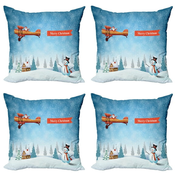 Ambesonne Christmas Throw Pillow Cover 4 Pack, Santa Plane Snowman, 24", Blue Orange