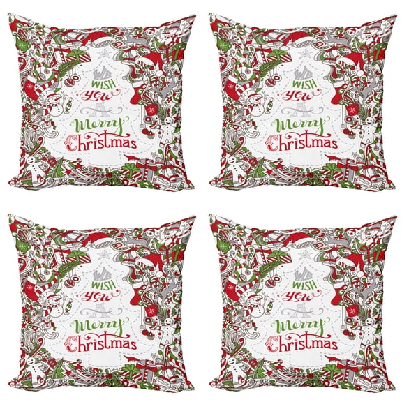 Ambesonne Christmas Throw Pillow Cover 4 Pack, Santa Snowman Wishes, 16", Multicolor