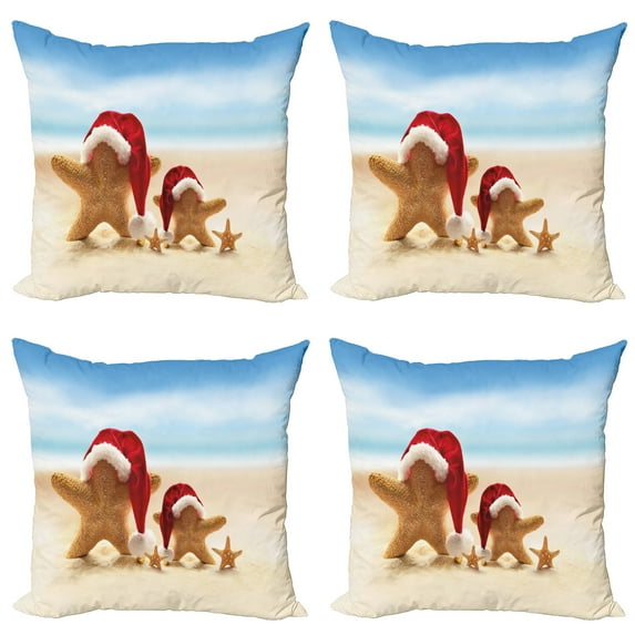 Ambesonne Christmas Throw Pillow Cover 4 Pack, Santa Starfishes, 18", Grey and White