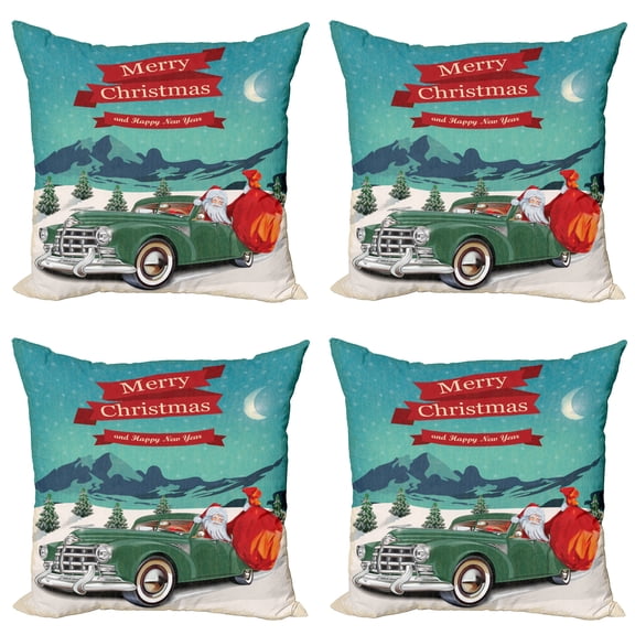 Ambesonne Christmas Throw Pillow Cover 4 Pack, Santa in Classic Car, 16", Teal Red