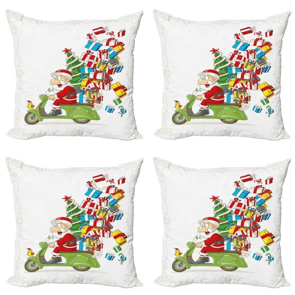 Ambesonne Christmas Throw Pillow Cover 4 Pack, Santa on Motorbike, 20", White Green and Red