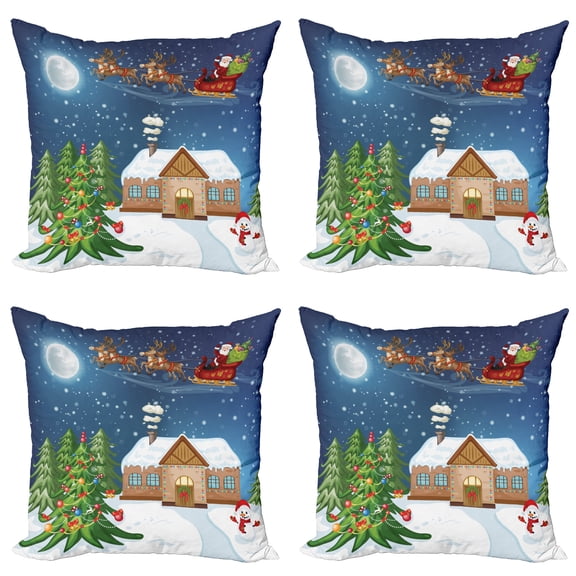 Ambesonne Christmas Throw Pillow Cover 4 Pack, Santa with Rudolf, 18", Multicolor