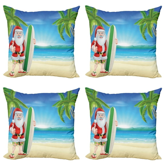 Ambesonne Christmas Throw Pillow Cover 4 Pack, Santa with Surfboard, 16", Blue Green
