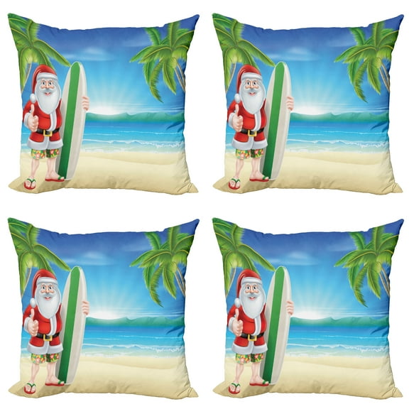 Ambesonne Christmas Throw Pillow Cover 4 Pack, Santa with Surfboard, 24", Blue Green