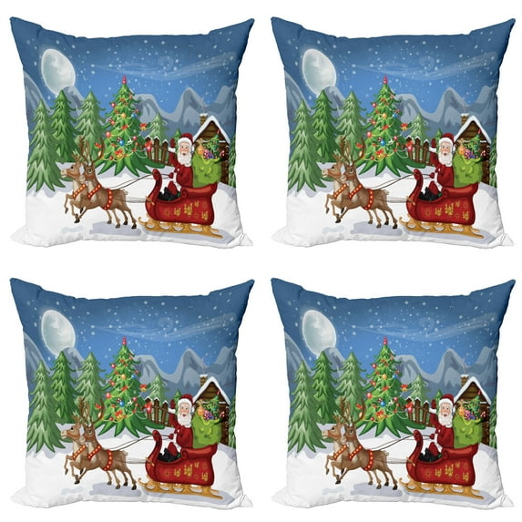 Ambesonne Christmas Throw Pillow Cover 4 Pack, Snowdrift Reindeers, 24", Multicolor