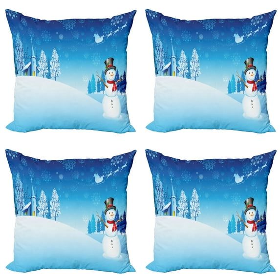 Ambesonne Christmas Throw Pillow Cover 4 Pack, Snowman Winter Stars, 24", Blue White