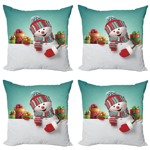 Ambesonne Christmas Throw Pillow Cover 4 Pack, Snowman and Boxes, 24", Multicolor