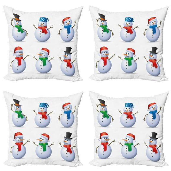 Ambesonne Christmas Throw Pillow Cover 4 Pack, Snowmen with Hats, 16", Multicolor