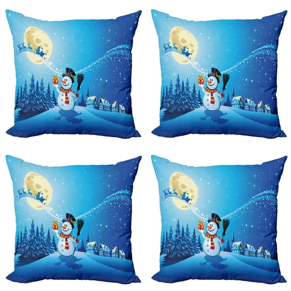 Ambesonne Christmas Throw Pillow Cover 4 Pack, Snowy Land Pines Moon, 16", Blue Eggshell White