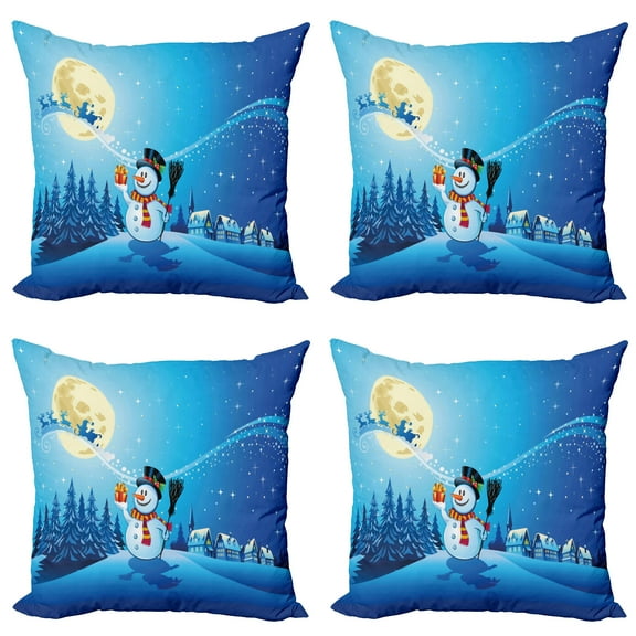 Ambesonne Christmas Throw Pillow Cover 4 Pack, Snowy Land Pines Moon, 20", Blue Eggshell White