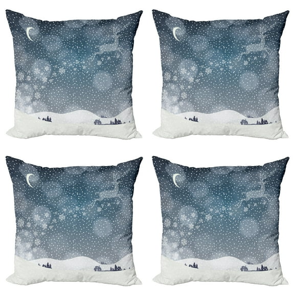Ambesonne Christmas Throw Pillow Cover 4 Pack, Snowy Landscape at Night, 24", Blue and White