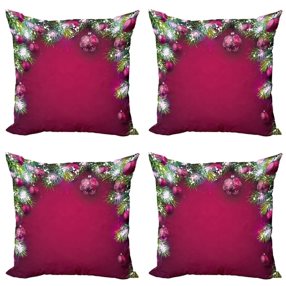 Ambesonne Christmas Throw Pillow Cover 4 Pack, Tree Balls Snowflakes, 18", Magenta Green White