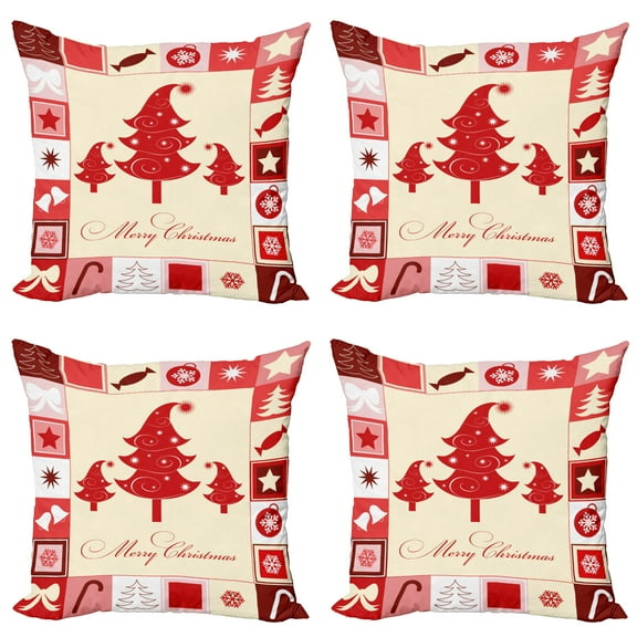 Ambesonne Christmas Throw Pillow Cover 4 Pack, Trees Candy Stars, 16", Vermilion Pale Pink