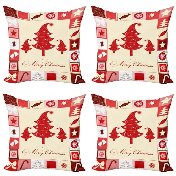 Ambesonne Christmas Throw Pillow Cover 4 Pack, Trees Candy Stars, 16", Vermilion Pale Pink