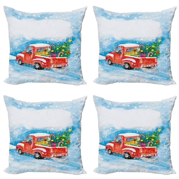 Ambesonne Christmas Throw Pillow Cover 4 Pack, Truck Winter Scenery, 16", Blue White Red