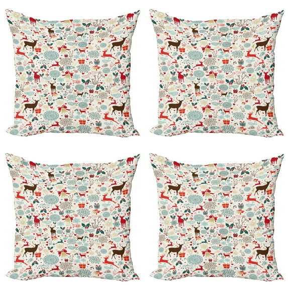 Ambesonne Christmas Throw Pillow Cover 4 Pack, Vintage Xmas, 16", Petrol Blue Brown
