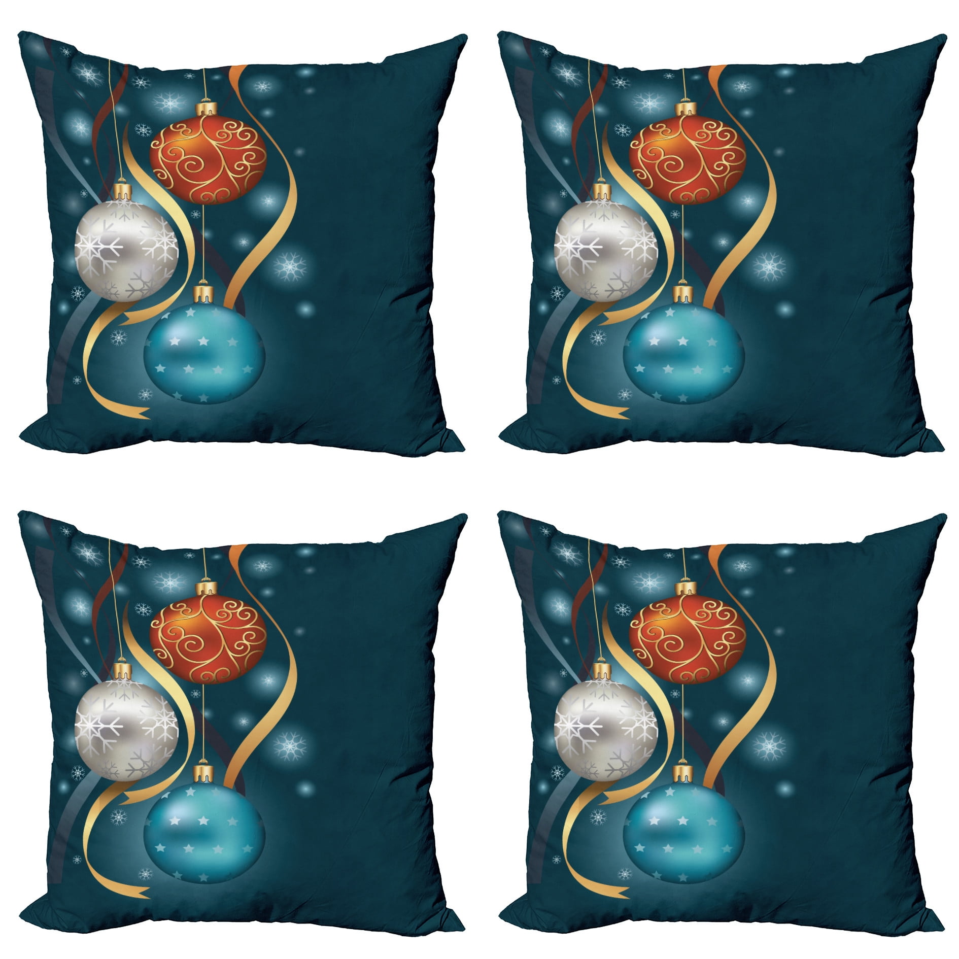 Petrol Blue and Red Christmas Ornament Square Throw Pillow Covers