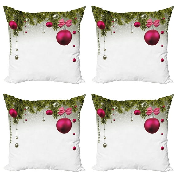 Ambesonne Christmas Throw Pillow Cover 4 Pack, Vivid Fir Twigs Balls, 18", Magenta Olive Green Grey