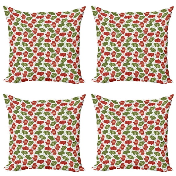 Ambesonne Christmas Throw Pillow Cover 4 Pack, Winter Mitten Nordic, 16", Green Red and White