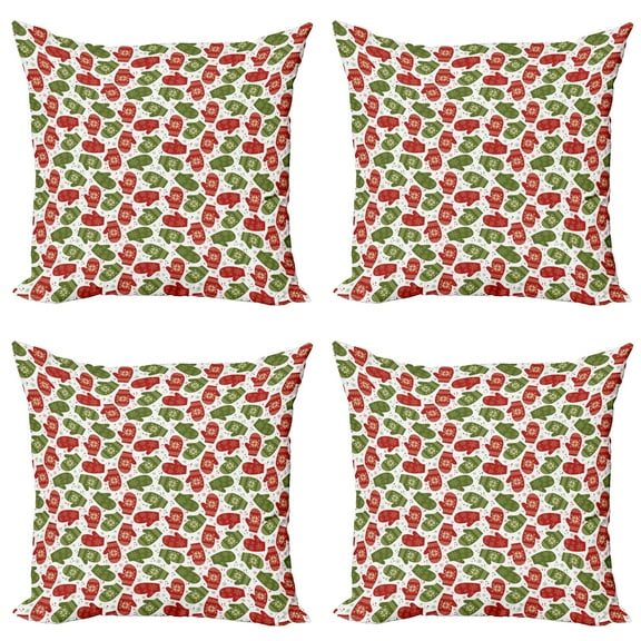 Ambesonne Christmas Throw Pillow Cover 4 Pack, Winter Mitten Nordic, 20", Green Red and White