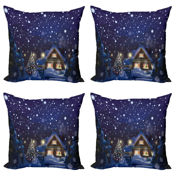 Ambesonne Christmas Throw Pillow Cover 4 Pack, Winter Night House, 18", Navy Blue Yellow