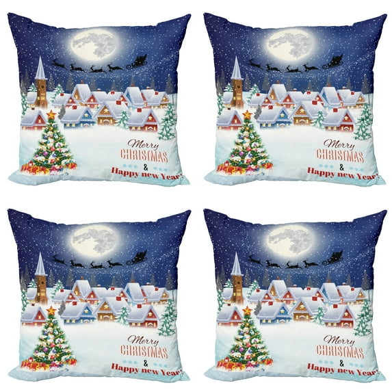 Ambesonne Christmas Throw Pillow Cover 4 Pack, Winter Sky Moon Star, 20", Navy White