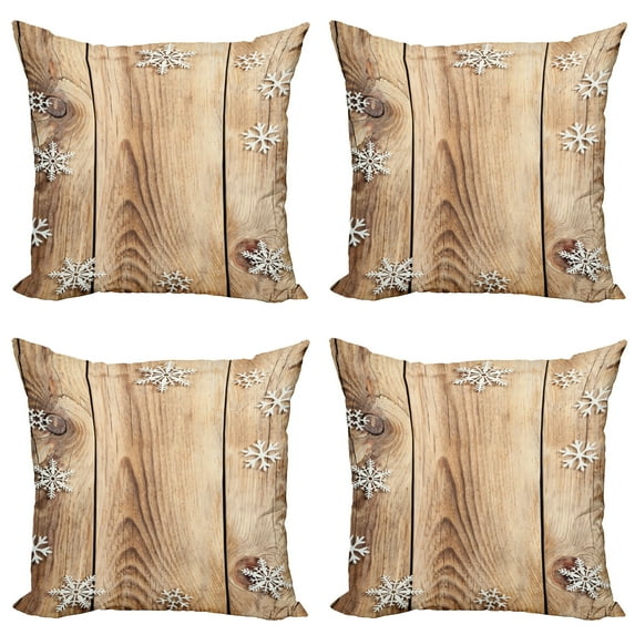 Ambesonne Christmas Throw Pillow Cover 4 Pack, Wood Plank Snowflakes, 20", Brown Pale Brown White