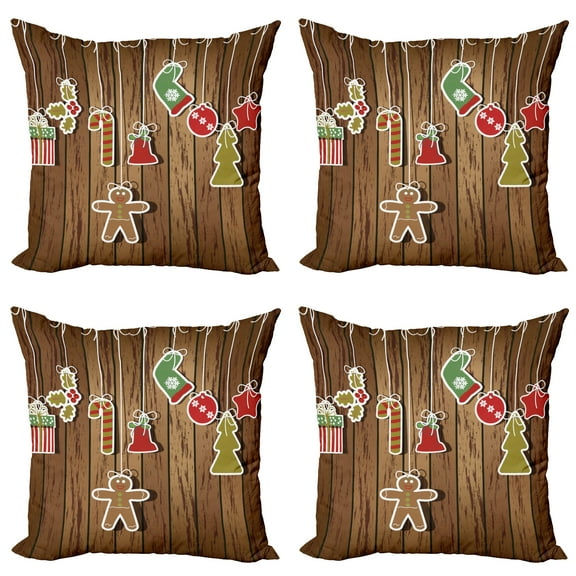 Ambesonne Christmas Throw Pillow Cover 4 Pack, Wooden Pattern, 18", Brown Red