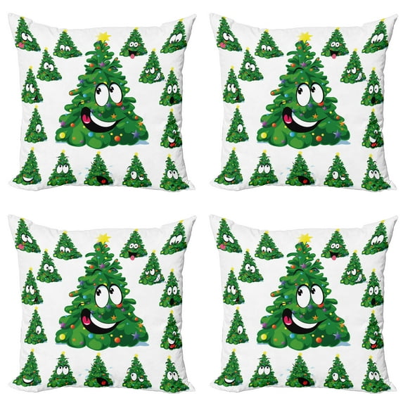 Ambesonne Christmas Throw Pillow Cover 4 Pack, Xmas Cartoon Funny, 16", Green Yellow White