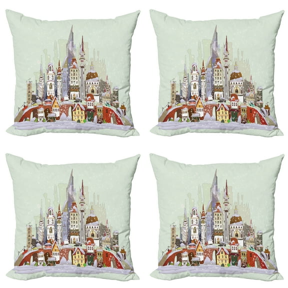 Ambesonne Christmas Throw Pillow Cover 4 Pack, Xmas City Holiday, 16", Pale Green Lavender