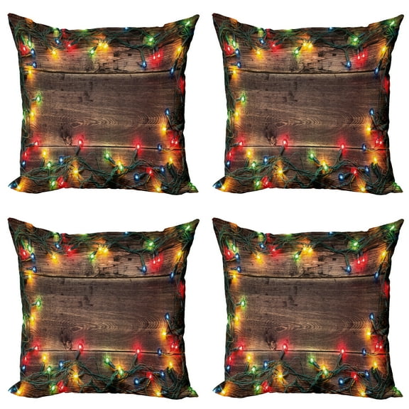 Ambesonne Christmas Throw Pillow Cover 4 Pack, Xmas Time Wooden Planks, 24", Multicolor