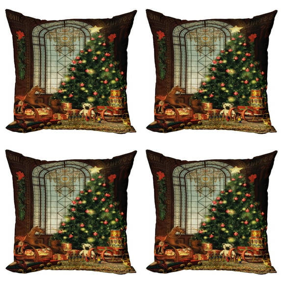 Ambesonne Christmas Throw Pillow Cover 4 Pack, Xmas Tree, 24", Brown Red Green