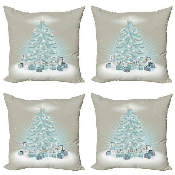 Ambesonne Christmas Throw Pillow Cover 4 Pack, Xmas Tree Presents, 18", Mint Green Slate Blue