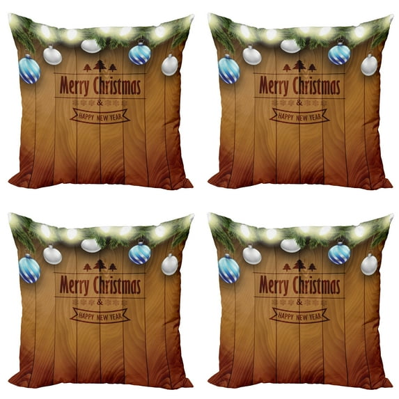 Ambesonne Christmas Throw Pillow Cover 4 Pack, on Wood Pine, 18", Brown