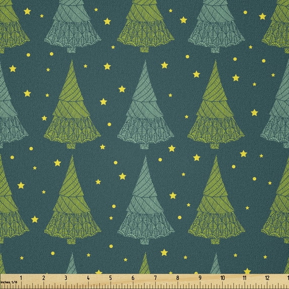 Ambesonne Christmas Tree Fabric by the Yard Microfiber, Stars and Trees Art, 2 Yards, Teal and Multicolor