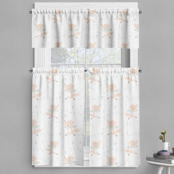Ambesonne Christmas Valance & Curtain, Happy Foxes Wearing Scarf, 55"x24", White Champagne and Pale Blue
