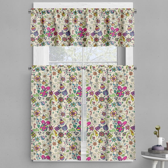 Ambesonne Christmas Valance & Curtain, Lively Rich Doodle, 55"x30", Multicolor