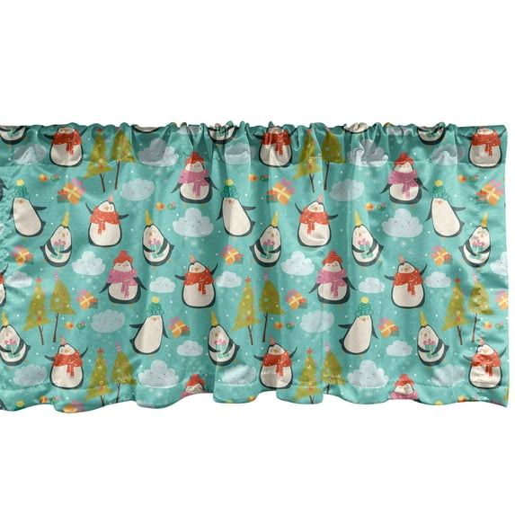 Ambesonne Christmas Valance Pack of 2, Happy Noel Penguins Gifts, 54"X18", Seafoam Multicolor