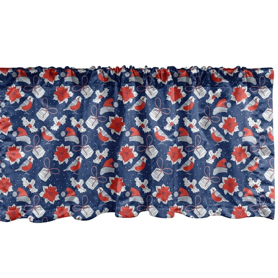 Ambesonne Christmas Window Valance, Bullfinches Santa Hats, 42" x 18", Vermilion White Dark Blue