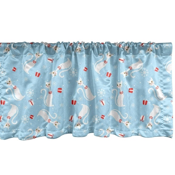 Ambesonne Christmas Window Valance, Cats with Necklaces, 54" X 18", Pale Blue Red White