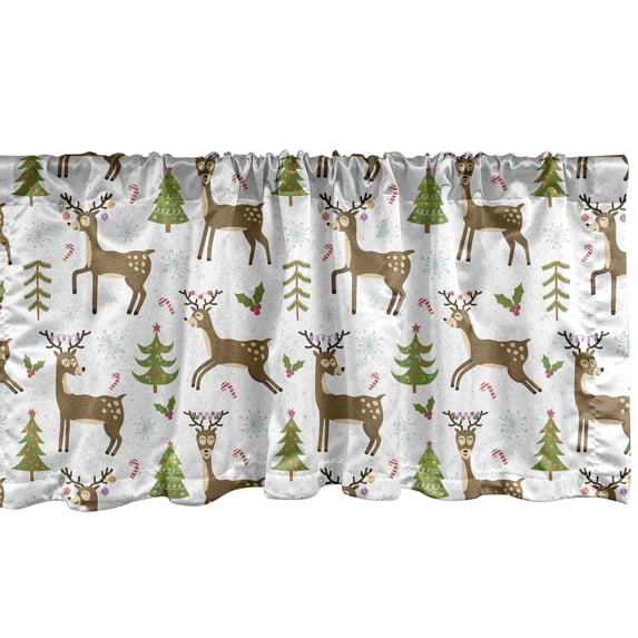 Ambesonne Christmas Window Valance, Reindeers Cheerful Winter, 54" X 18", Caramel Green and White