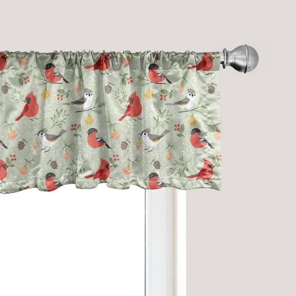 Ambesonne Christmas Window Valance, Winter Ornaments Birds, 42" x 18", Pale Green and Multicolor