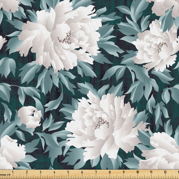 Ambesonne Chrysanthemum Fabric by the Yard, Delicate Floral Print, 1 Yard, Cadet Blue Ivory