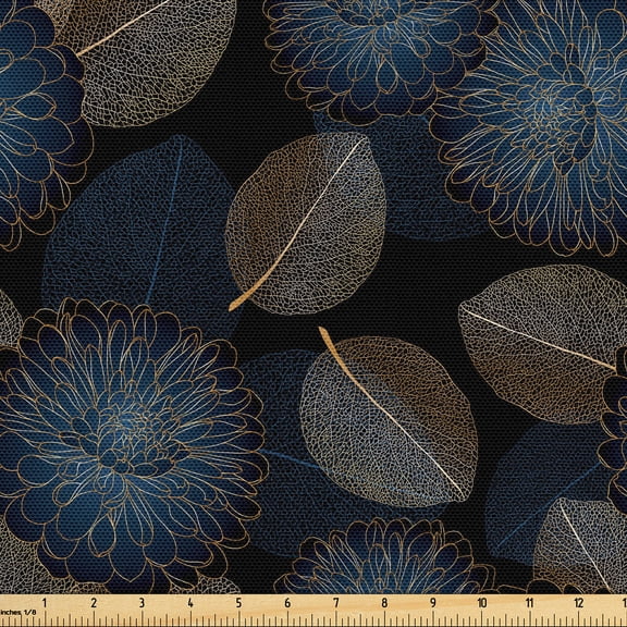 Ambesonne Chrysanthemum Fabric by the Yard Upholstery, Freehand Look Flowers, 5 Yards, Dark Indigo and Amber