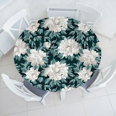 Ambesonne Chrysanthemum Fitted Round Tablecloth, Delicate Floral Print, 45"- 56" Diameter, Cadet Blue Ivory