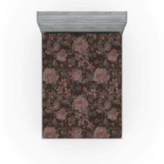 Ambesonne Chrysanthemum Fitted Sheet, Asian Leaf Branch Art, King Size, Reseda Green Pale Pink