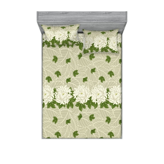 Chrysanthemum Fitted Sheet & Pillow Sham Set, Modern Romantic Themed Floral Boho Pattern with Fallen Leaves Art, Decorative Printed 3 Piece Bedding Decor, King, Pale Green Fern Green, by Ambesonne