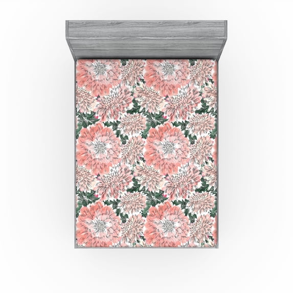 Ambesonne Chrysanthemum Fitted Sheet, Garden Feel Floral, Queen Size, Dark Salmon Forest Green