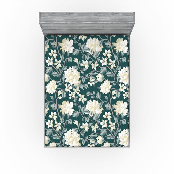 Ambesonne Chrysanthemum Fitted Sheet, Jungle Dreamy Leaves, King Size, Cream Laurel Green