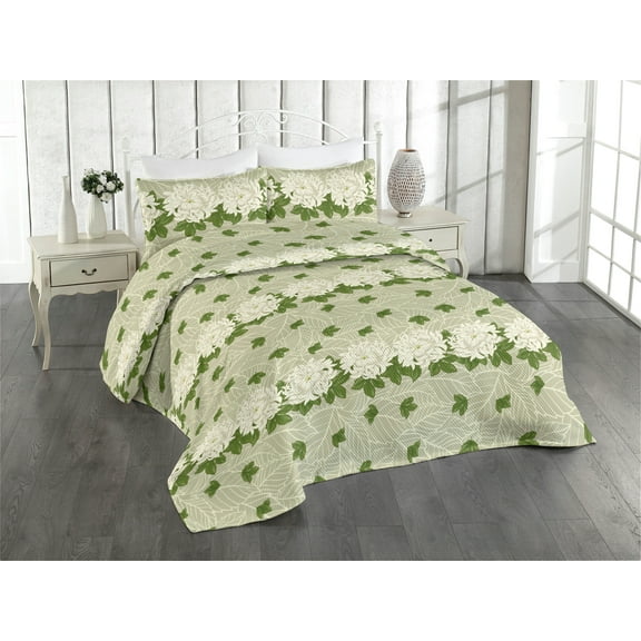 Ambesonne Chrysanthemum Quilted Bedspread Set 3 Pcs, Boho Modern Floral, Queen, Pale Green Fern Green